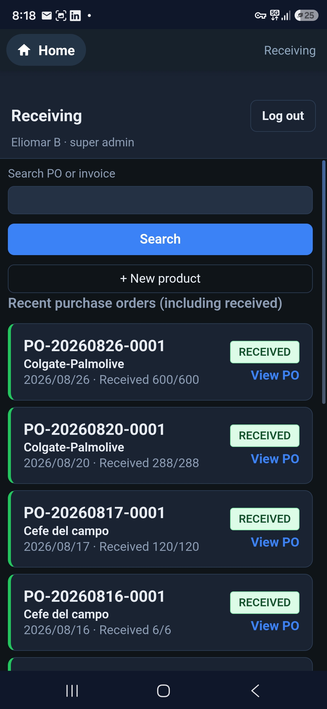 Retail Core APK: receiving purchase orders