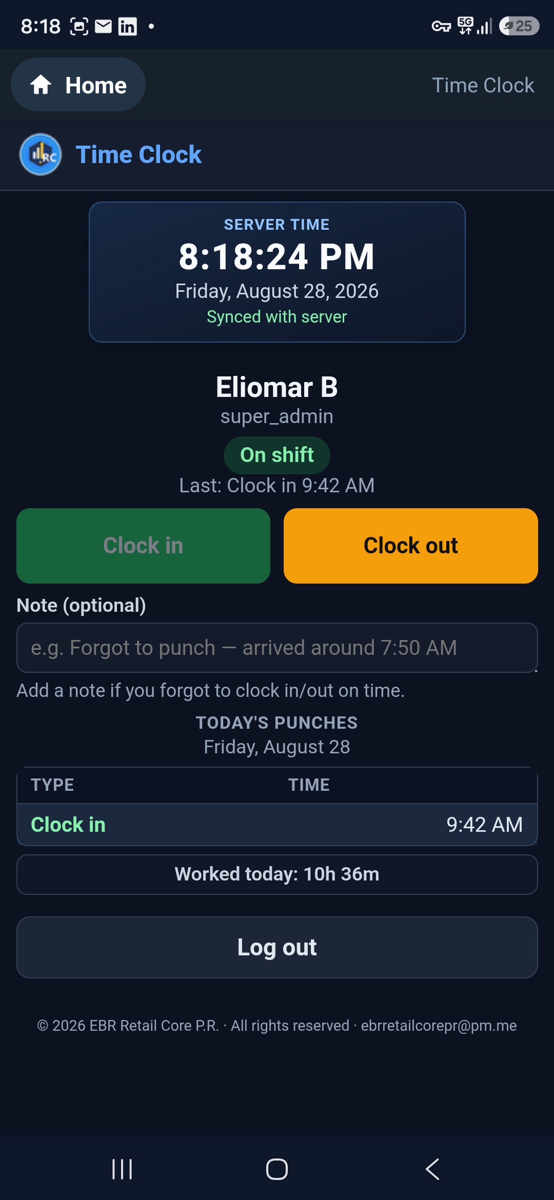 Time clock: employees clock in and clock out