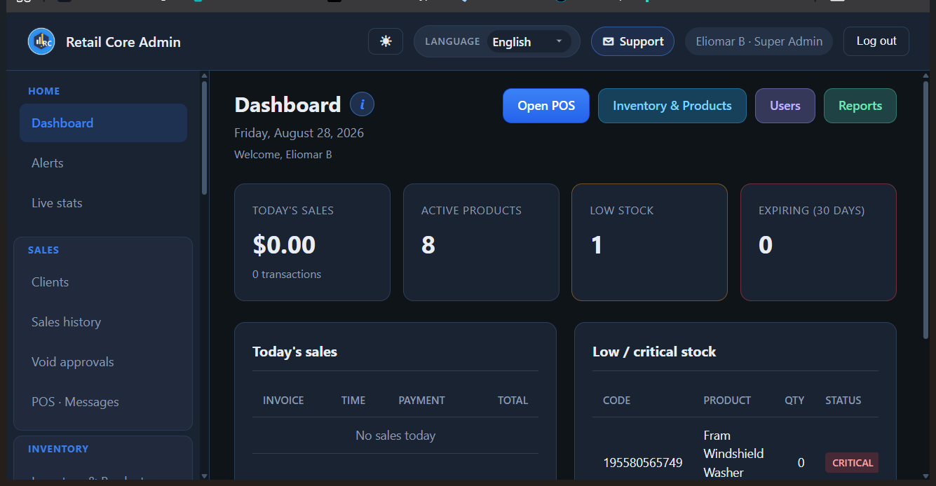 Retail Core Admin: dashboard con menú, ventas, inventario y personal.