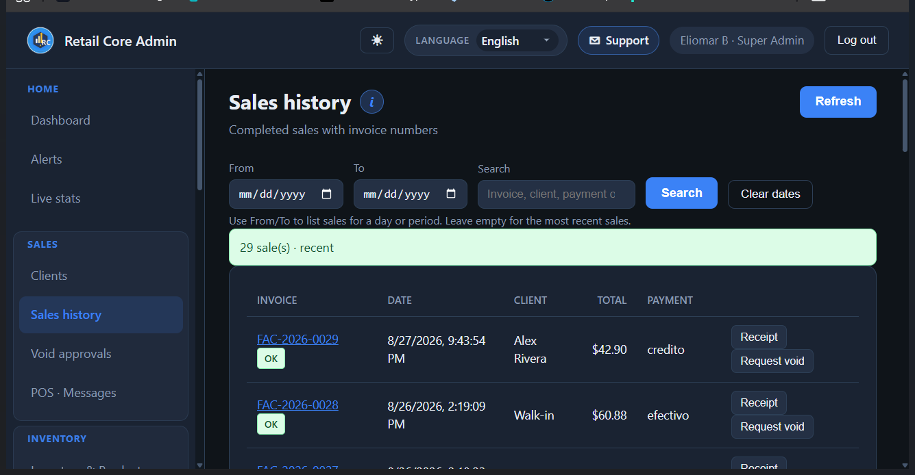 Sales history with invoices