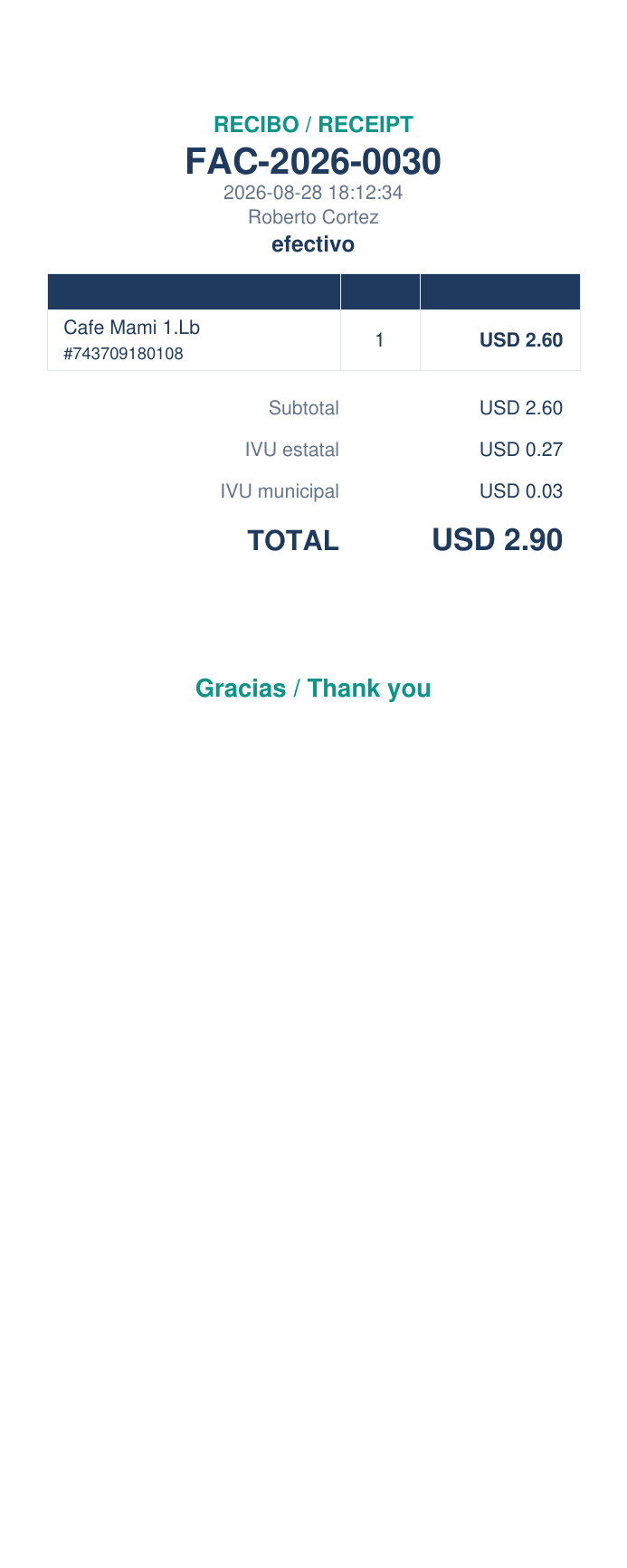 Sale receipt with IVU estatal and municipal
